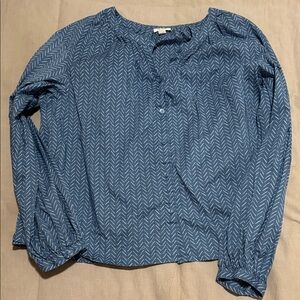 Blue Patterned Women's Button Down Top With Gathered Collar